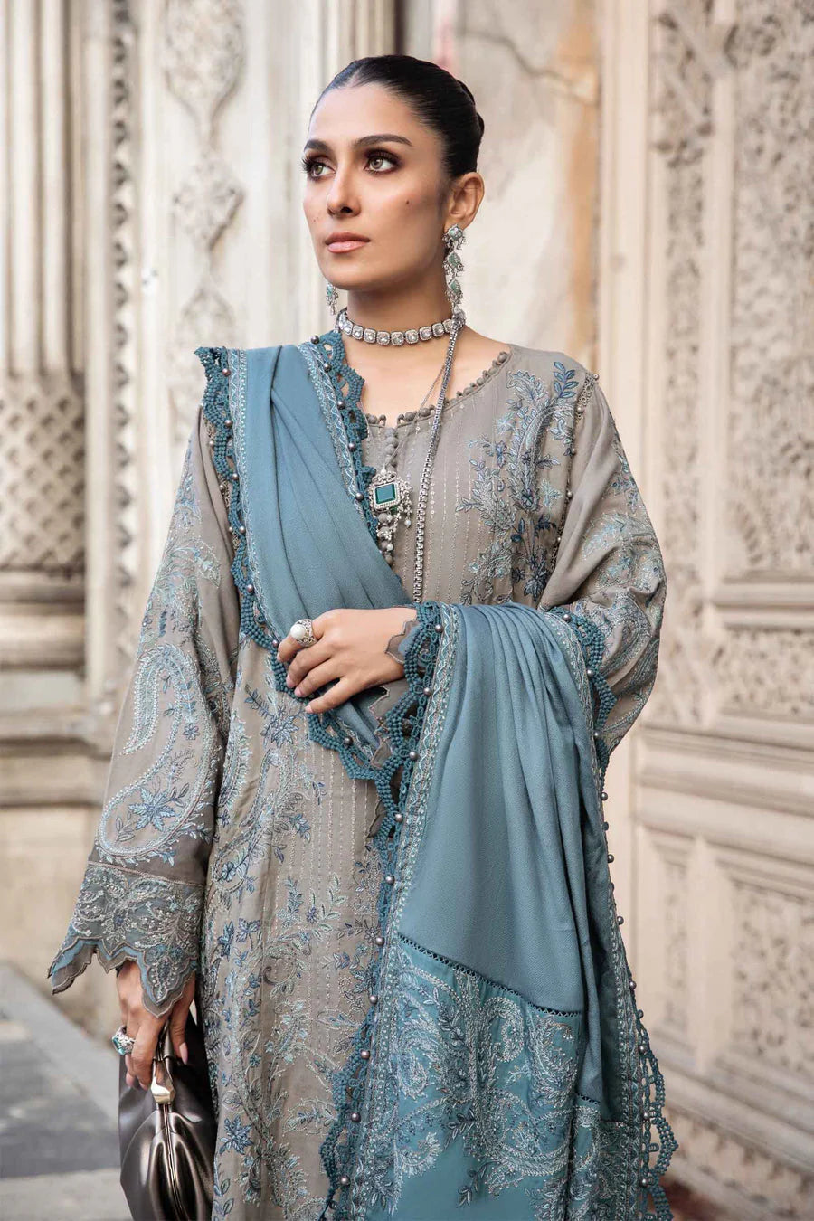 3 Piece Unstitched Heavy Embroidered Dhanak Suit with Heavy Embroidered Dhanak Wool Shawl