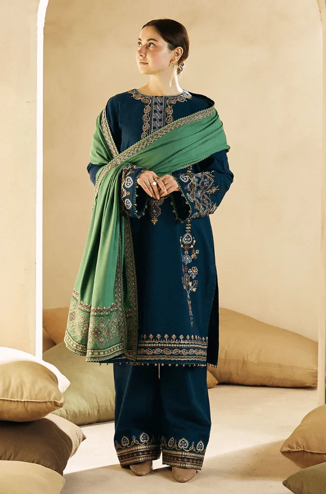 3 Piece Unstitched Heavy Embroidered Dhanak Suit ( Dhanak Printed Wool Shawl )