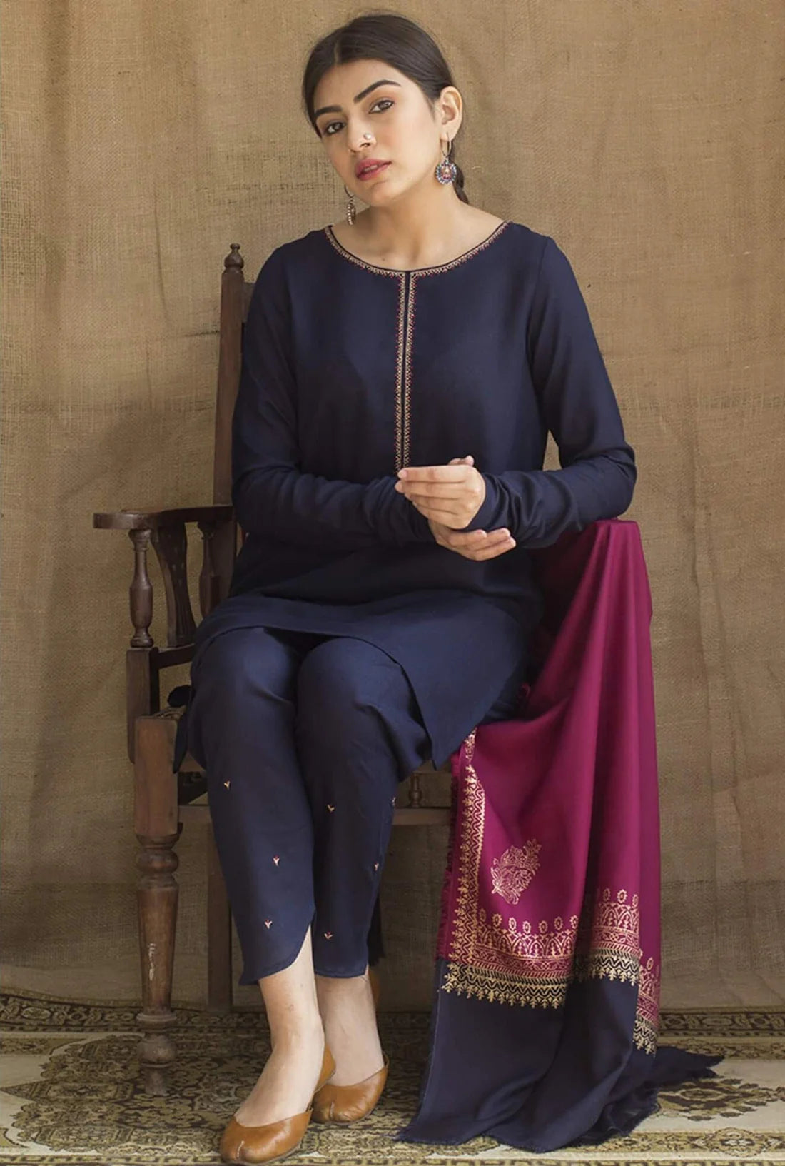 3 Piece Unstitched Heavy Embroidered Dhanak Suit ( Printed Woolen Dupatta )