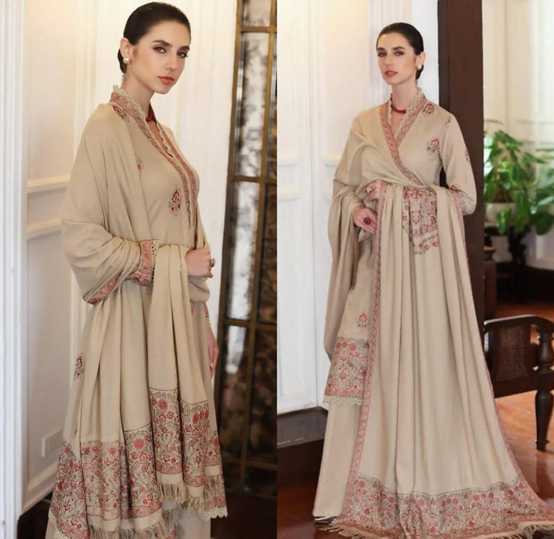 Unstitched Heavy Embroidered Dhanak Suit 3 PEC with Embroidered Dhanak Shawl