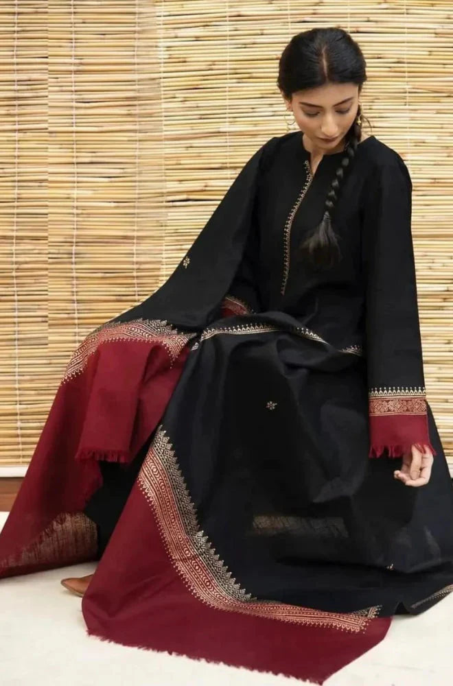 Unstitched Heavy Embroidered Dhanak Suit 3 piece-with Wool Shawl