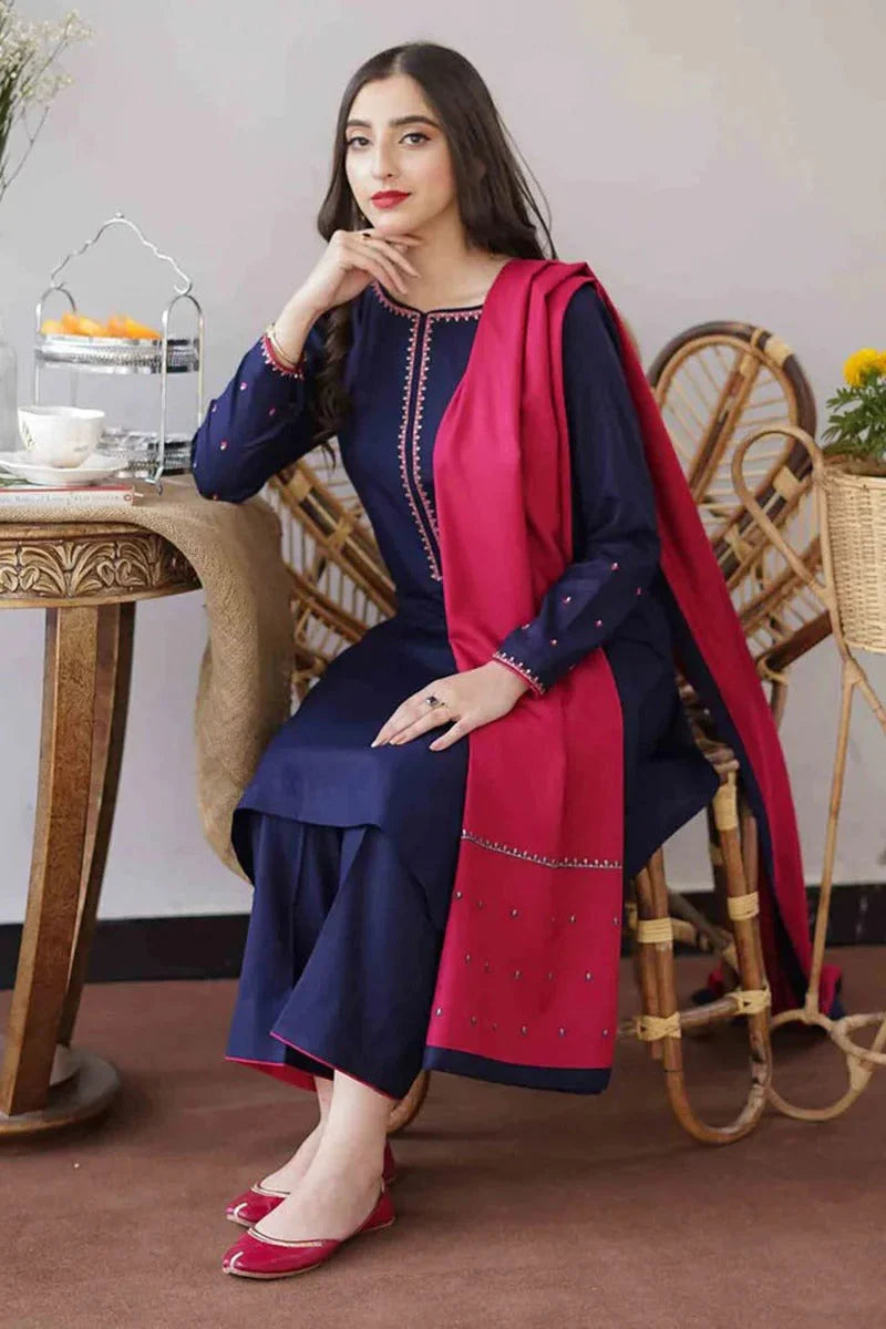 3 Piece Unstitched Heavy Embroidered Dhanak Suit with Embroidered Dhanak Wool Shawl