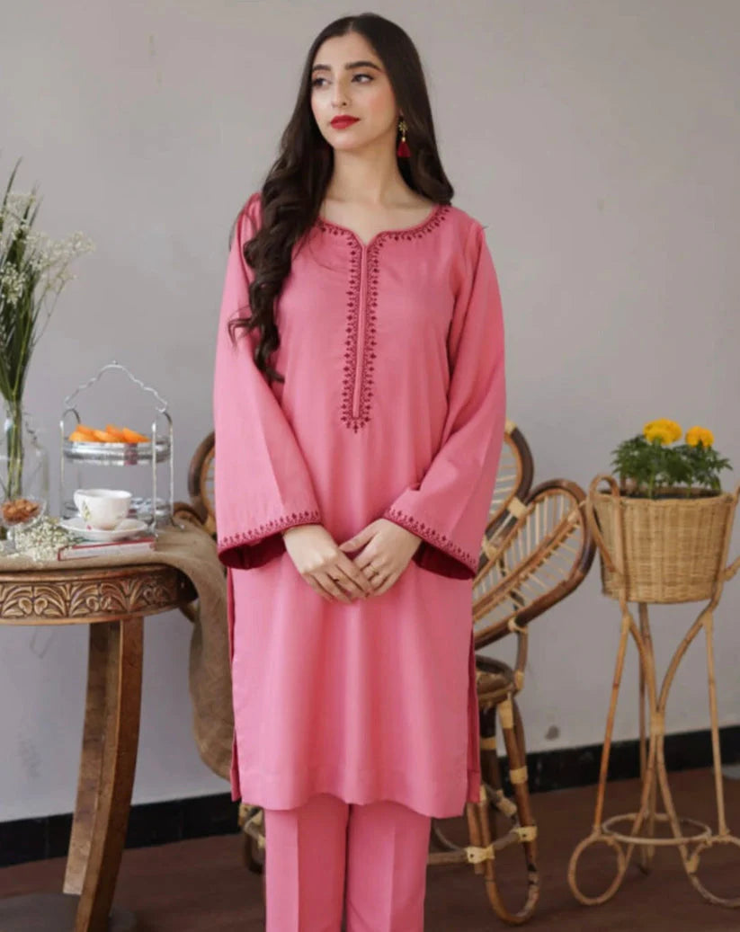 3 Piece Unstitched Embroidered Dhanak Suit with Dhanak Embroided wool Shawl