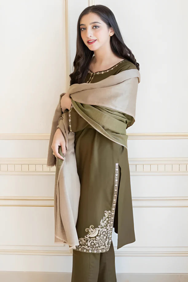3 Piece Unstitched Fully Embroided Dhanak Stuff with Dhanak Wool Shawal