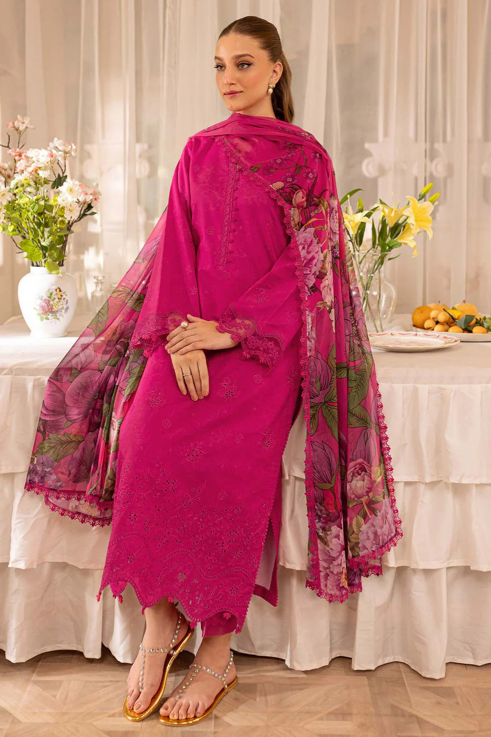 Unstitched 3 Piece Fully Embroidered Lawn Dress With Printed Monar Dupatta