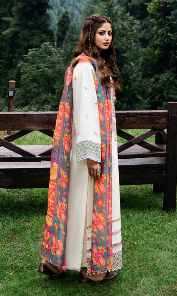 Unstitched 3 Piece Fully Embroidered Lawn Suit With Printed Monar Dupatta