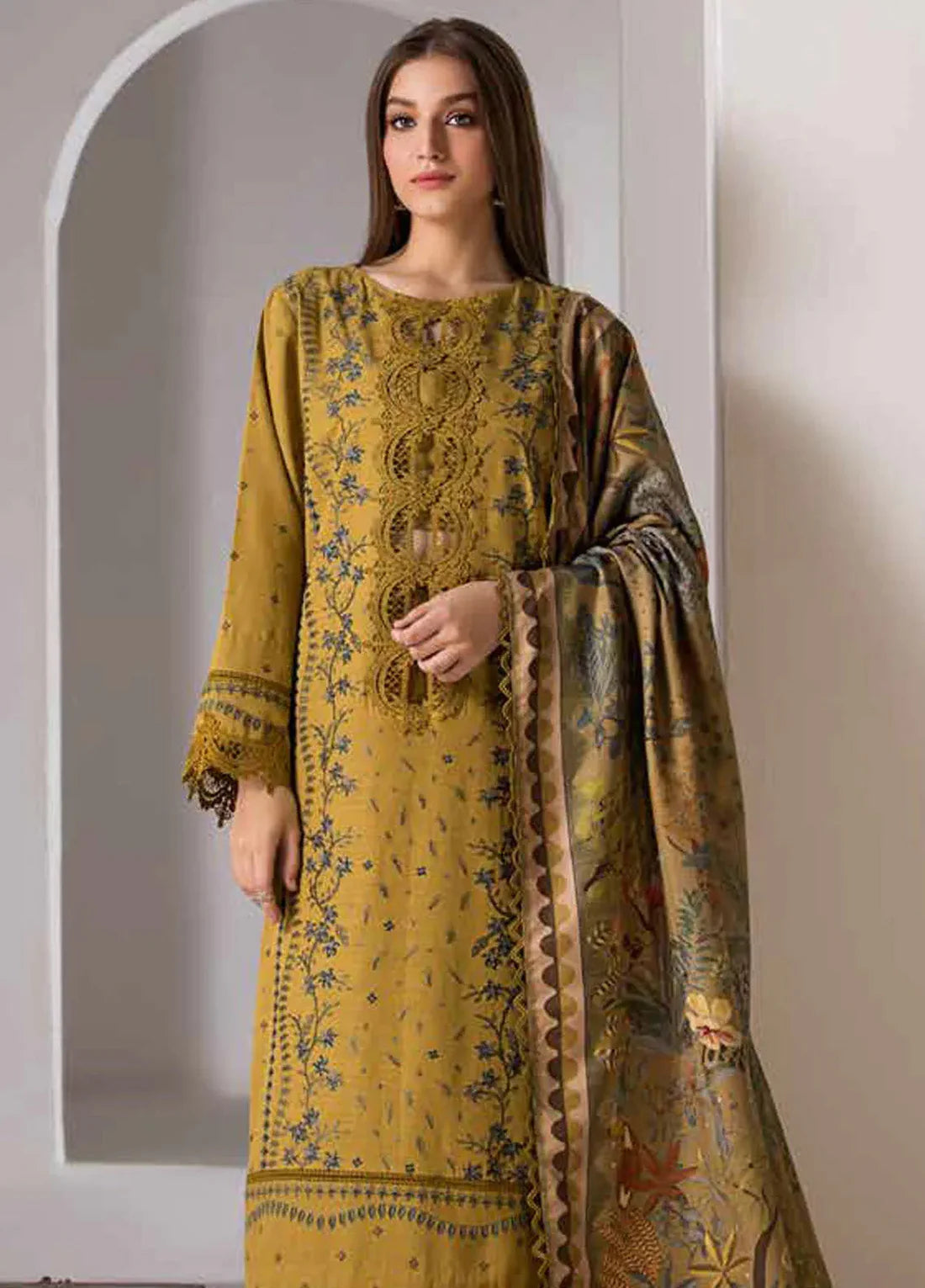 Unstitched 3 Piece Fully Embroidered Lawn Suit With Printed Lawn Dupatta