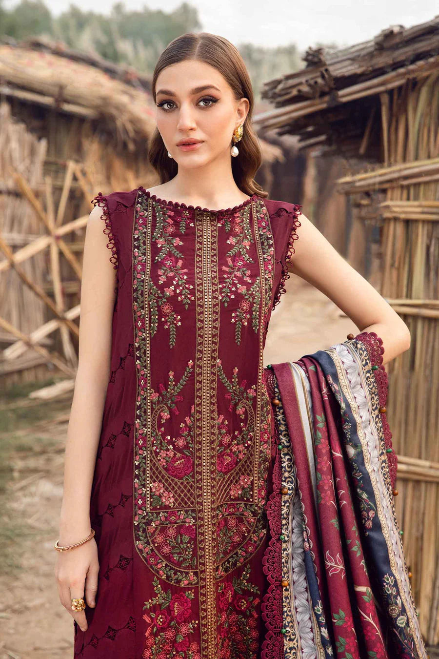Unstitched 3 Piece Fully Embroidered Dhanak Suit with Printed Woolen Shawl