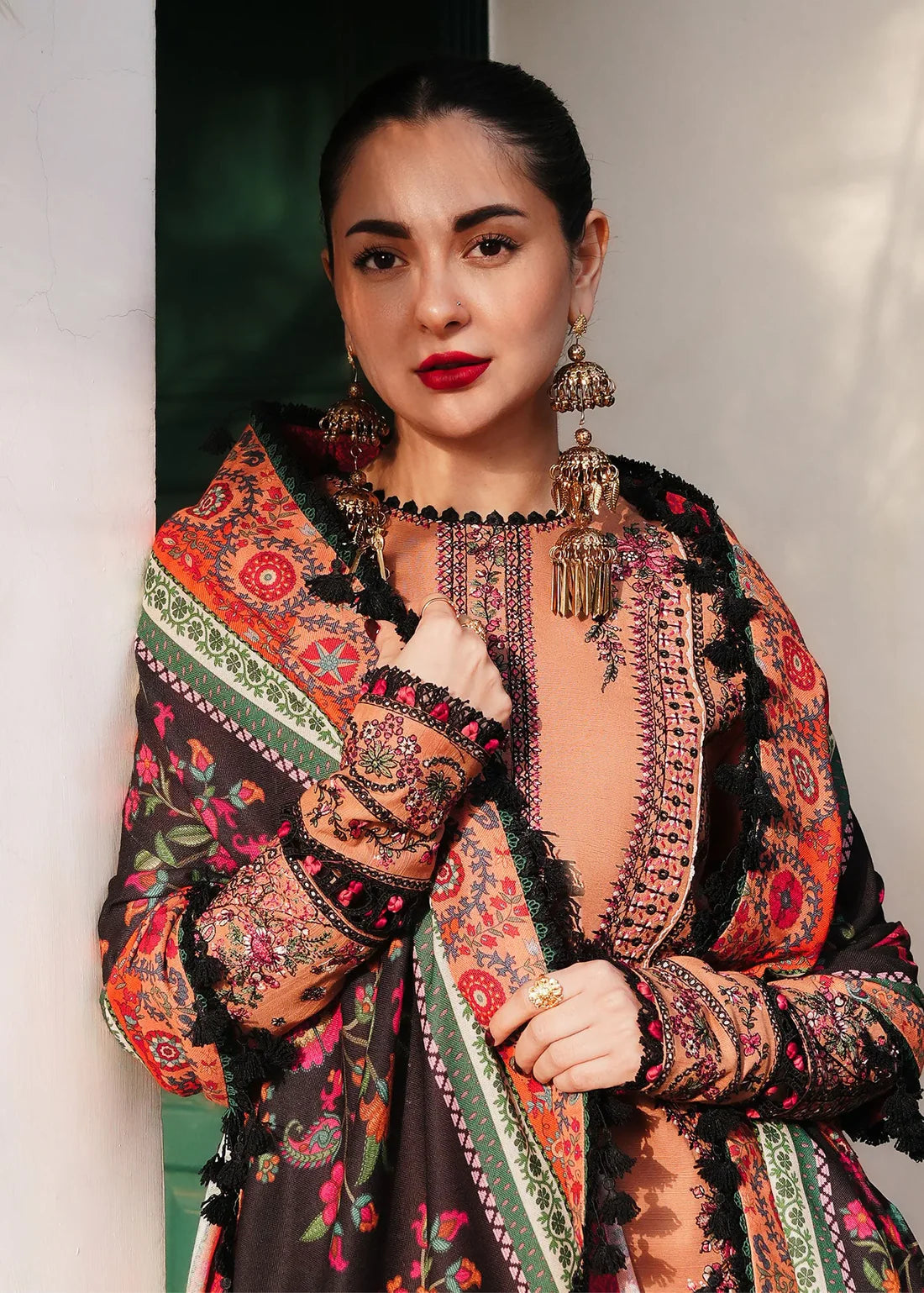 Unstitched 3 Piece Fully Embroidered Dhanak Suit with Printed Woolen Shawl