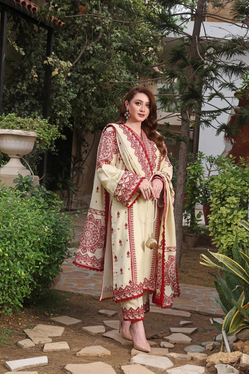 Unstitched 3 Piece Fully Embroidered Dhanak Suit with Printed Dhanak Shawl